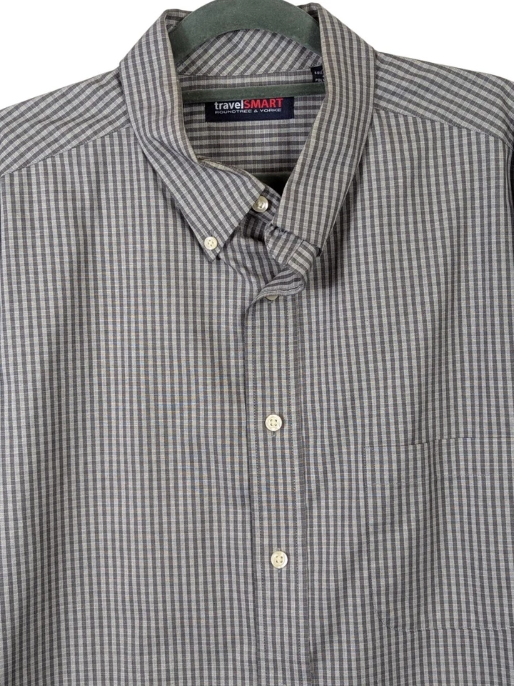 Roundtree Yorke Travel Smart Dress Shirt Men XL Gray Plaid Long Sleeve Button Up - Image 2 of 4