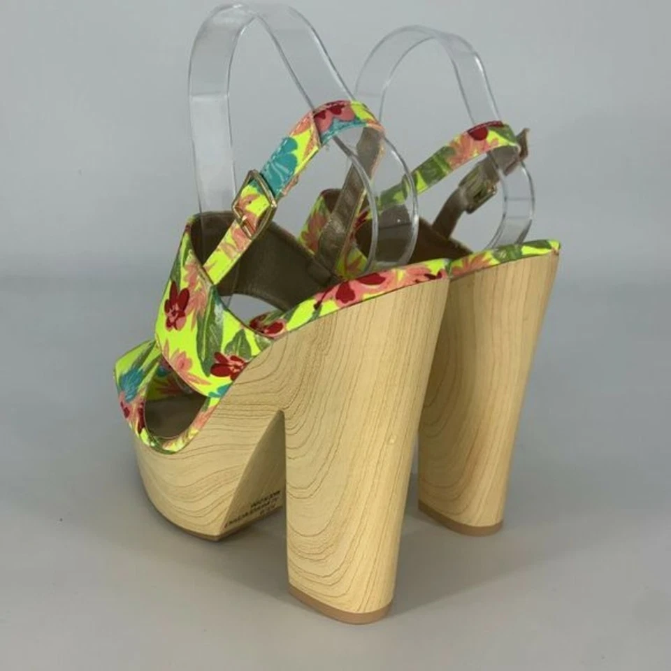 QUPID 露趾堵塞高跟鞋露趾鞋 7 码黄色花卉木质 — 第 4/4 张图片