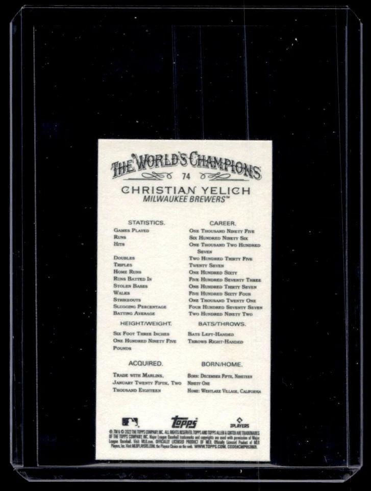 2022 Topps Allen & Ginter Black Mini Christian Yelich Milwaukee Brewers #74 - Image 2 of 2