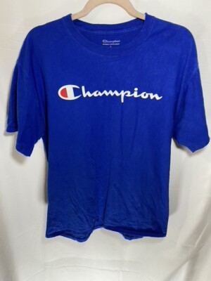#ad Champion Shirt Adult Large Blue Spell Out Logo Pullover Tee Mens $3.12