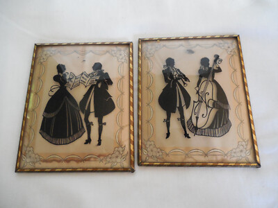 Vintage reverse painting silhouette couple  set of two convex glass 4'' x 5''