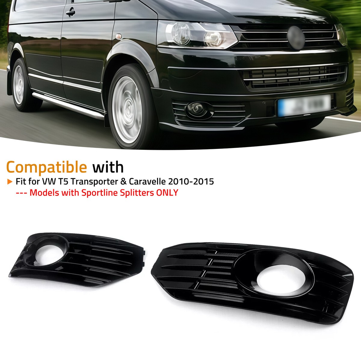 Front Fog Light Grille For VW T5 T5.1 Transporter/Caravelle 2010-2015 - Gloss Black ABS (Pair)