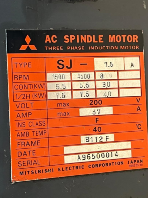 MITSUBISHI AC SPINDLE MOTOR 3PH INDUCTION MOTOR SJ-7.5A, B112F 37A