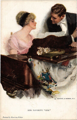 PC ARTIST SIGNED, HARRISON FISHER, HER FAVORITE HIM, Vintage Postcard (b54170)