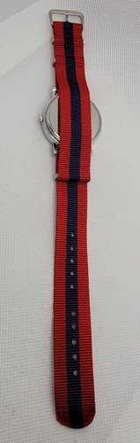 Mens Round Sport Silver Case Brown Dial Red Blue Nylon Strap Analog Watch K1 - Picture 8 of 8