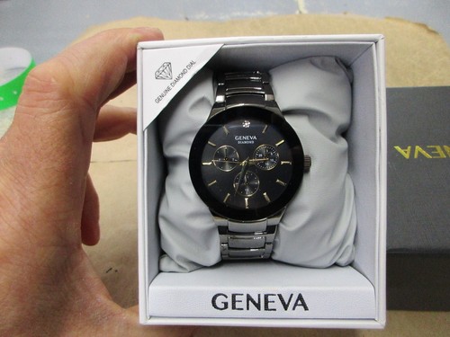 New Old Stock Geneva Diamond Faux Chronograph Men's Quartz Watch Gunmetal Tone