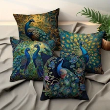 4 Piece Vintage Peacock Oil Painting Plush Pillow Cover Zipper Closure