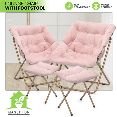 2 Pcs Folding Faux Fur Moon Saucer Chair Metal Frame Pink Lounge Chair w/Ottoman
