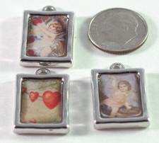 Charm, Photo Frame, 3 Silver Plated Pewter 20x15mm Charms w/Hearts Cherubs