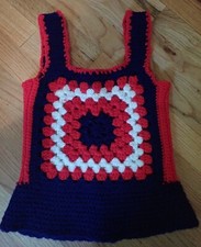 VTG 70s Red White Blue Crochet Vest Chunky Granny Square Flounce Hem 6 7 8