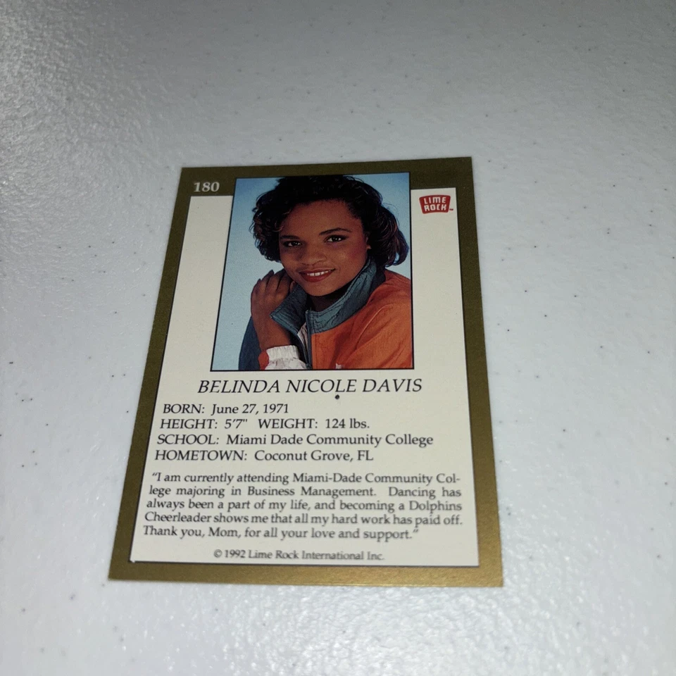 1992 Lime Rock # 180 Belinda Nicole Davis Card (B61) Miami Dolphins Cheerleaders - Image 2 of 2