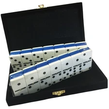 Domino Double Six 6 Two Tone Blue and White Tournament Size Spinners Velvet Box