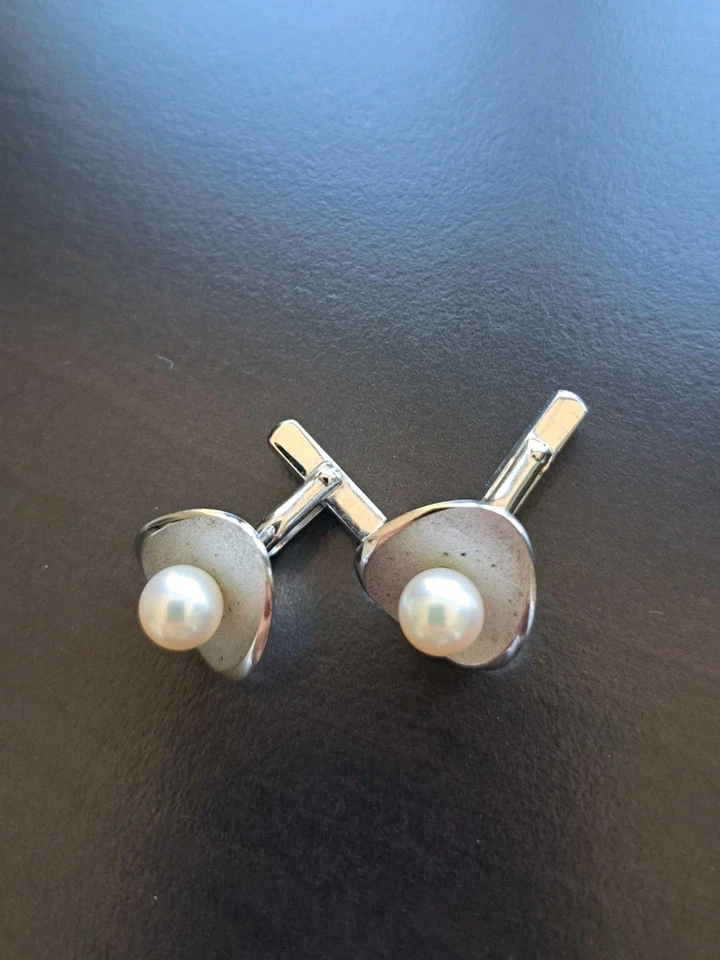 装饰艺术标记纯银 Akoya 珍珠袖扣免运费。  — 第 4/4 张图片