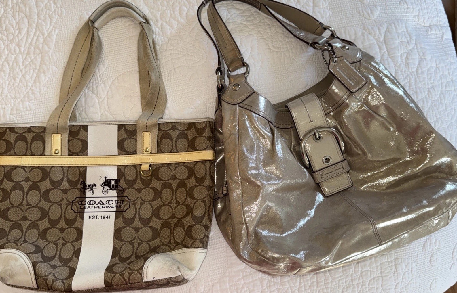 Coach 2 Bags Lynne Champagne Gold Metallic Shoulder Hobo Purse Bag And Tote