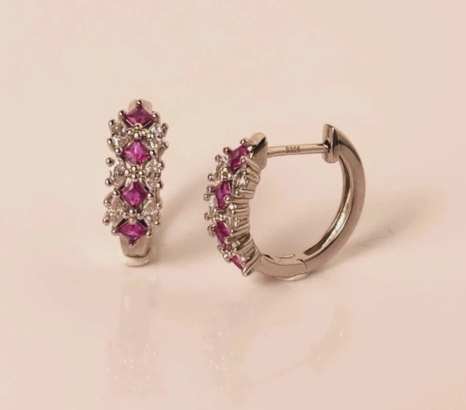 Ruby Red Huggie Hoop Earrings 2CT Round Lab Created Diamond 14k Rose Gold Plated - Image 2 of 2