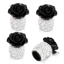 Bling Valve Stem Caps 4 Pack Rose Flower Tire Valve Caps Universal Black