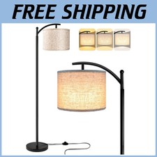 Modern Floor Lamp with Beige Shade, LED Bulb, Black Stand