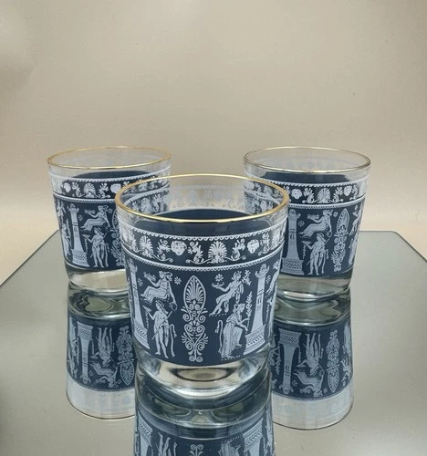 Vintage Jeanette Blue Grecian Glasses / Wedgewood / Jasperware 1950s Set of 3