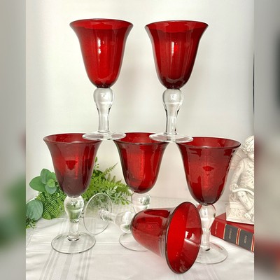 Red Bubble Glasses Sonoma Blown Ruby Red Bowl Clear Stem Water / Wine Glasses 6