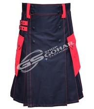 Scottish Handmade Traditional Black Red Cotton Utility Hybrid Kilt For Men's