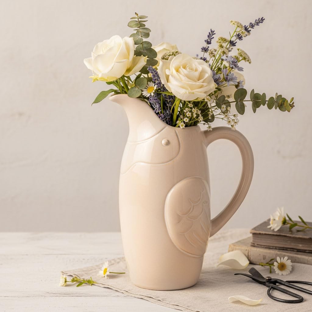 hjn Farmhouse Pitcher Vase for Flowers- White Ceramic Pitcher for