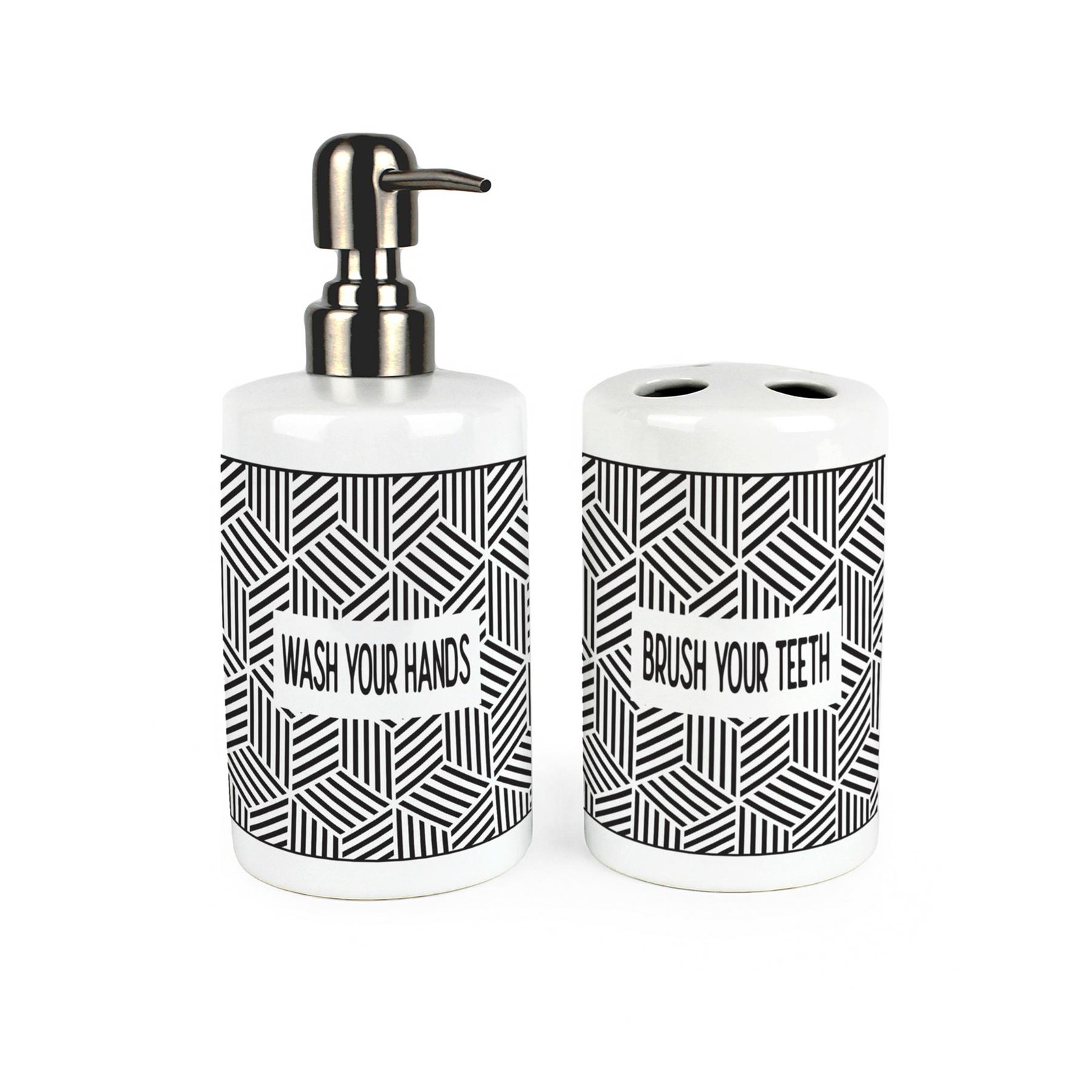 Geometric Bathroom Set - Refillable Ceramic Soap Dispenser & Toothbrush Holder