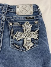 Miss Me Jeans Embellished Boot Whiskering Fade Dk Wash Cross Sequin 25x33 28x33