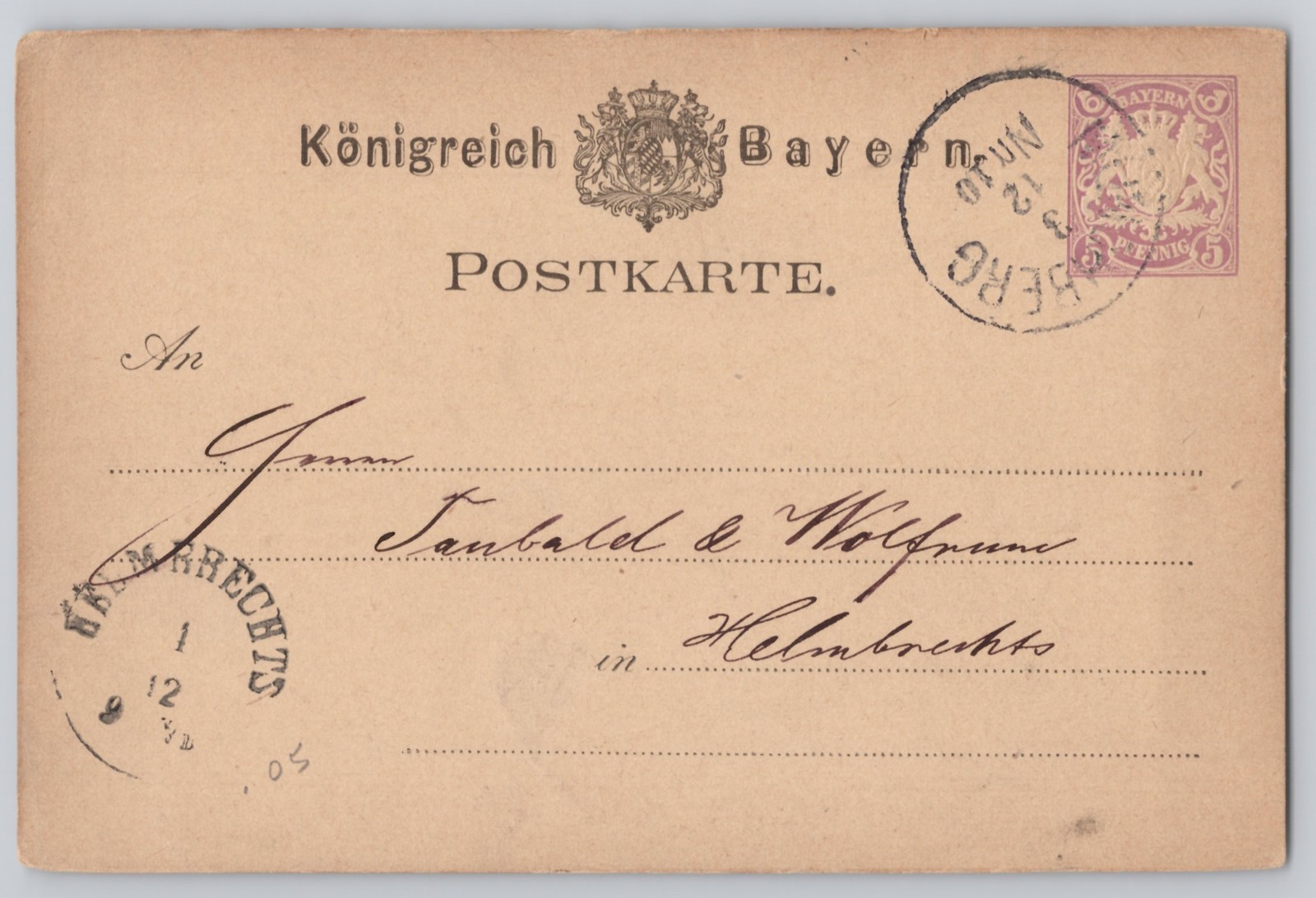 Helmbrechts, Germany Knigreich Bayern address card, Undivided Back, 5pf stamp