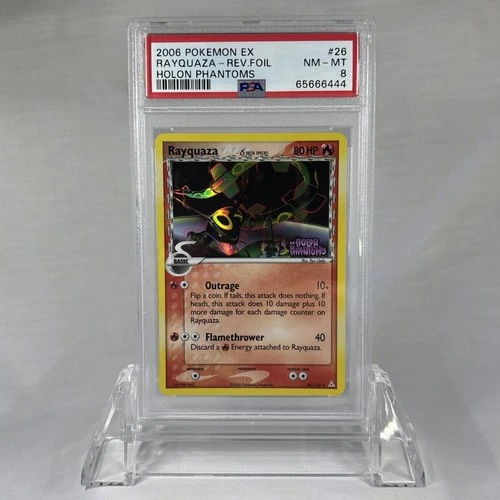 PSA 8 Rayquaza Stamped Delta Species 26/110 Holon Phantoms Reverse Holo Pop. 127