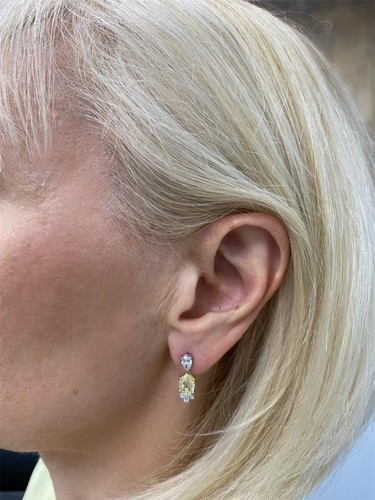 IGI 3.50 TCW Fancy Yellow Oval Lab Grown Diamond Dangle Earrings 14k White Gold - Picture 12 of 12