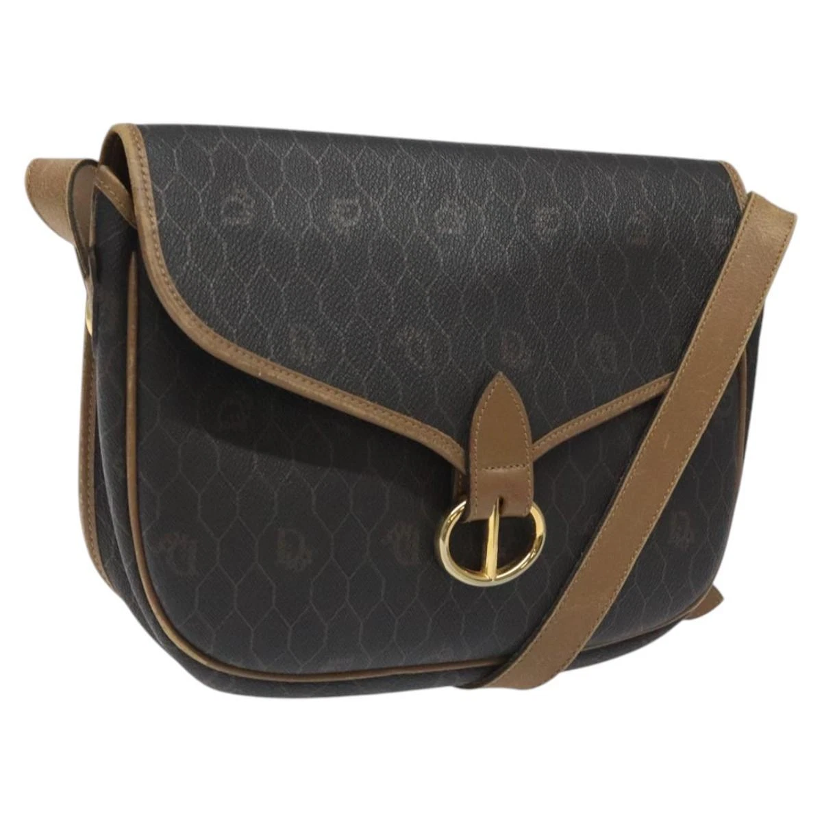 Christian Dior sac à bandoulière toile nid d'abeille PVC noir marron or authentique bs23494