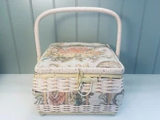Vintage tapestry covered sewing basket with latch. Floral brocade. Pastel colors