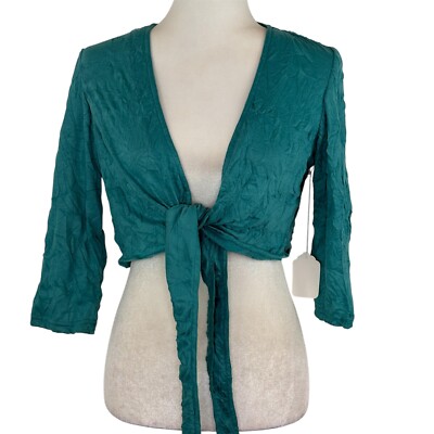 Double D Ranch Shrug Cardigan NEW Size M Crinkle Fabric Tie Front Short Blue