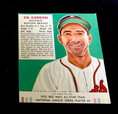 1952 Redman Tobacco w/Tab, All Star #6, Sid Gordon, Boston Braves