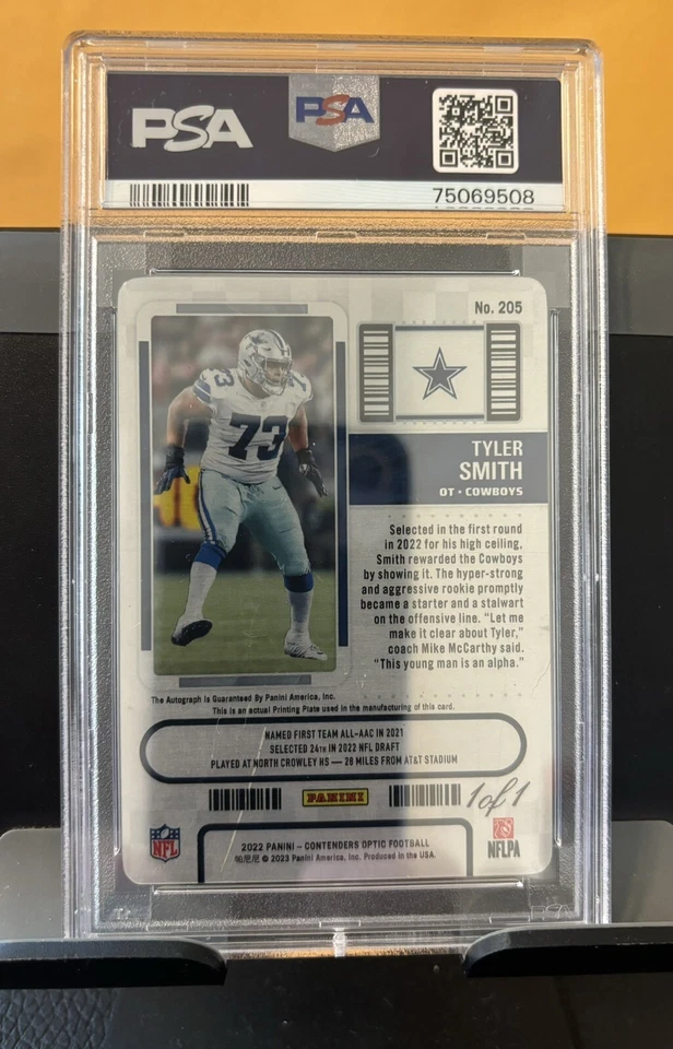2022 Contenders Optic Tyler Smith Printing Plate Rookie Ticket Auto 1/1 PSA 8 - Image 2 of 2