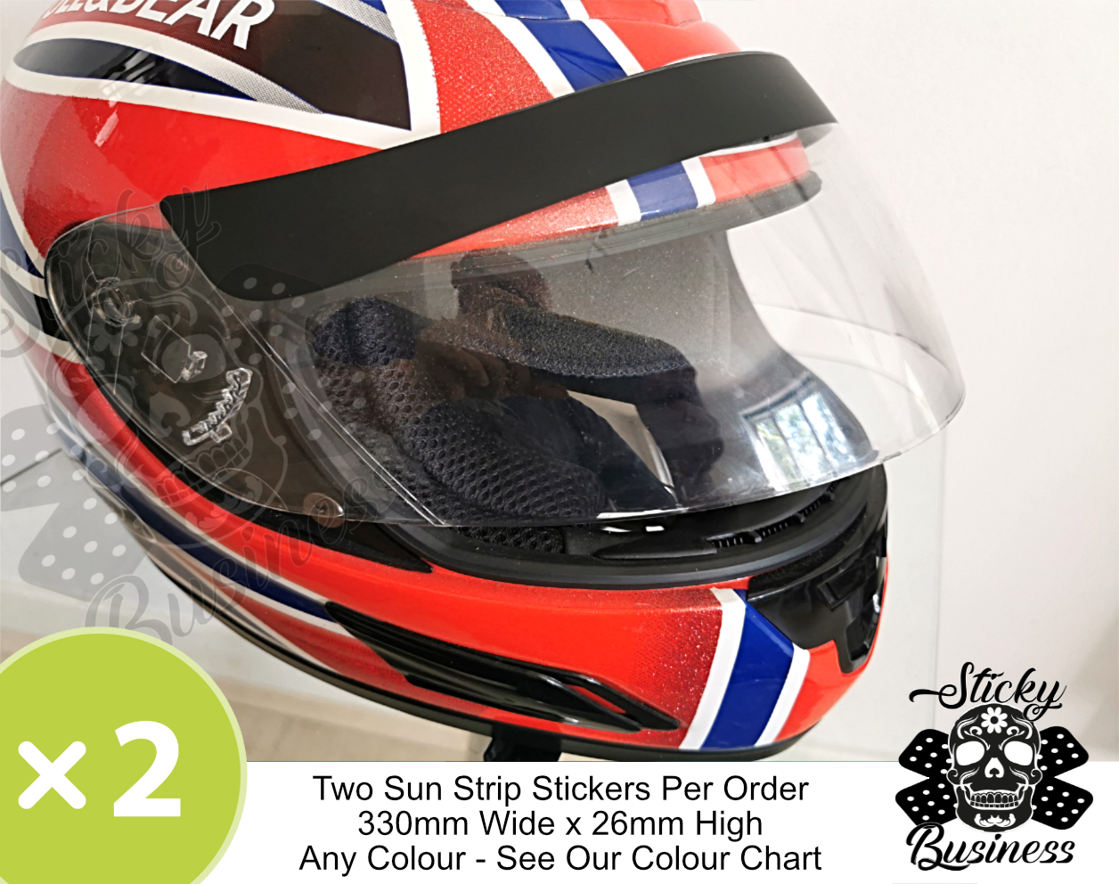 2X Helmet Visor Stickers sunstrip sticker Motorbike Race Car Kart ANY