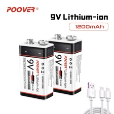 2 9V Li-ion USB Rechargeable Batteries 1200mWh Lithium Ion 9Volt Battery Pack