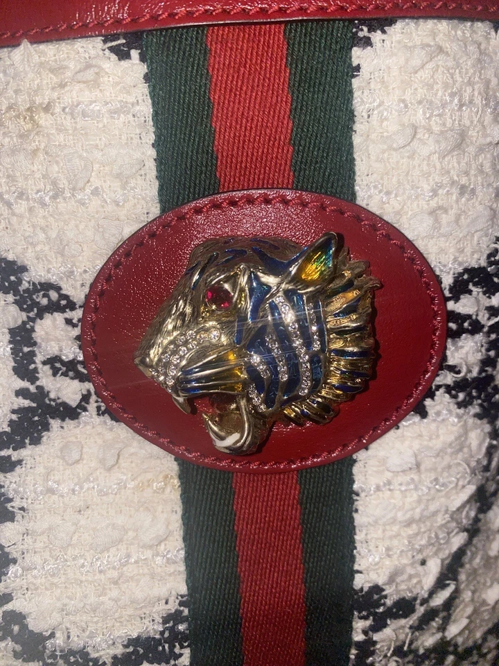 GUCCI Rajah Blanco Negro GG Lana Rojo Cuero Borde Cabeza de León Grande Raro Monedero Foto 4 de 4