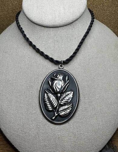 International Sterling Silver Rose Flower Pendant Ornament Black Enamel