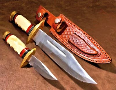 Bone Handle New American Hunter Bowie 2 Knife Set Full Tang w/Leather Sheath