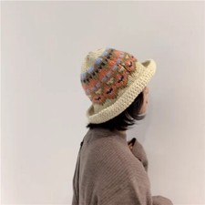 Lady Crochet Bucket Hat Knit Fisherman Caps Japanese Jacquard Retro Warm Vintage