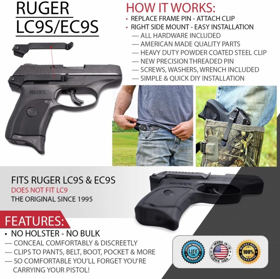 Clipdraw for Ruger LC9S EC9S 9mm Belt Clip Conceal Carry Black LC9S-B Waistband - Image 4 of 4