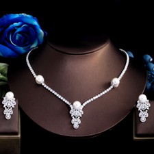 White Pearl Elegant Bridal Necklace and Earring Silver Plated Zircon Jewelry Set