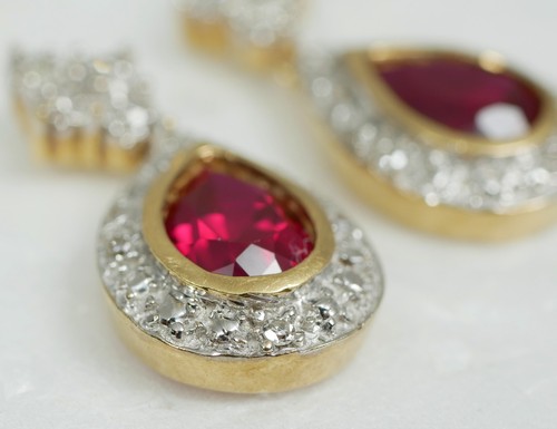 Set of Solid 9ct Yellow White Gold Pear Cut Ruby & Diamond 21mm Earrings Pair - Picture 3 of 9