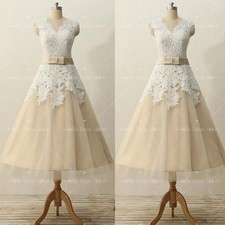Champagne Wedding Dress Cap Sleeves Tea Length V-Neck A-Line Vintage Bridal Gown
