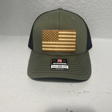 Richardson 112 Trucker Hat Green/Black Snapback Adjustable Wood American Flag