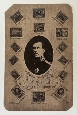 Belgium WW1 Patriotic Postcard King Albert I Stamp Motifs 1914 - 1918
