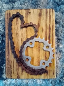Upcycled Bike Chain Wall art Rustic Reclaimed Wood Cycling Decor Bike