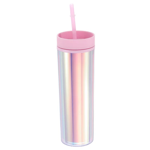 Skinny Acrylic Tumbler with Lid & Straw, 16Oz Iridescent Tumblers (Pink) - Picture 1 of 6