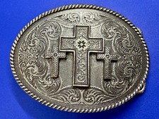 Three Crosses Religious Christian Oval Ornate Silver Color Taylor Belt Buckle